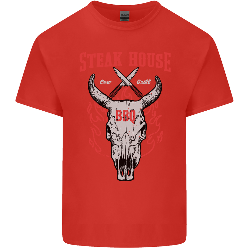 Steak House BBQ Cow Skull Grill Beef Food Mens Cotton T-Shirt Tee Top Red