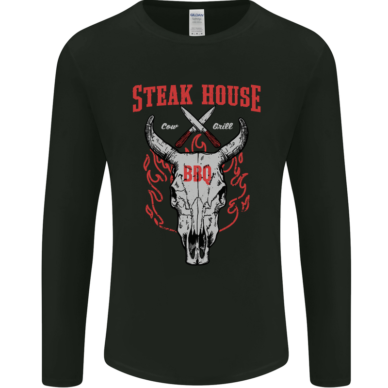 Steak House BBQ Cow Skull Grill Beef Food Mens Long Sleeve T-Shirt Black
