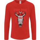 Steak House BBQ Cow Skull Grill Beef Food Mens Long Sleeve T-Shirt Red