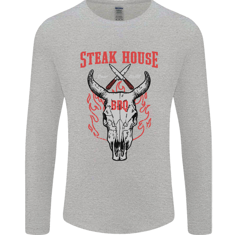 Steak House BBQ Cow Skull Grill Beef Food Mens Long Sleeve T-Shirt Sports Grey