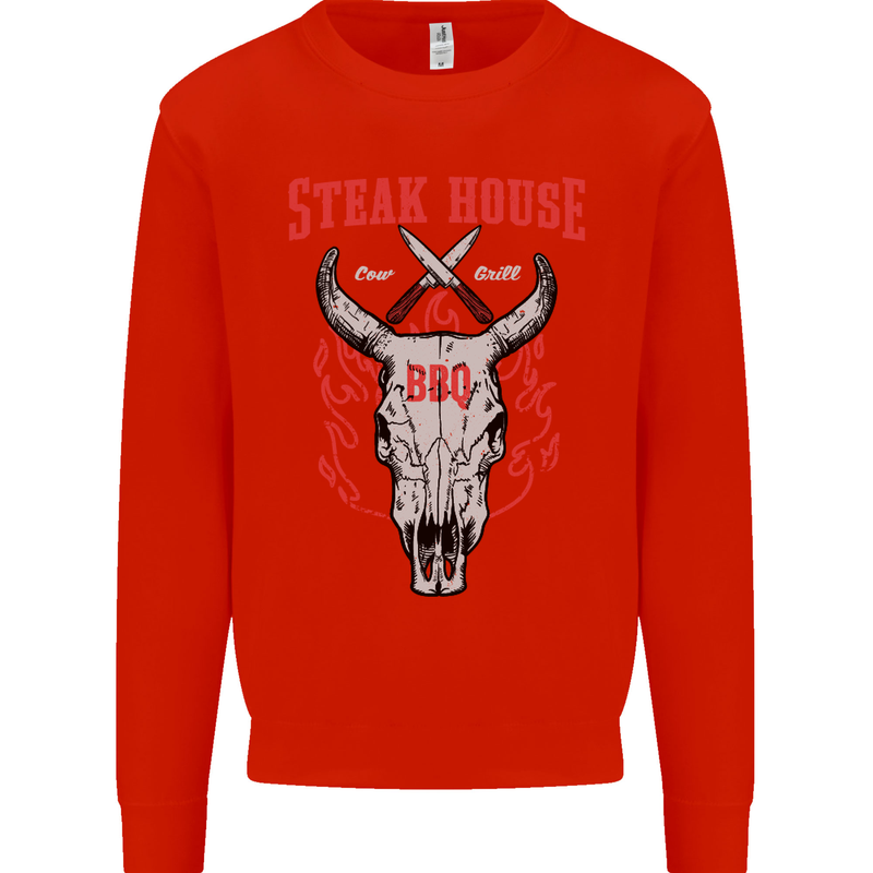 Steak House BBQ Cow Skull Grill Beef Food Mens Sweatshirt Jumper Bright Red