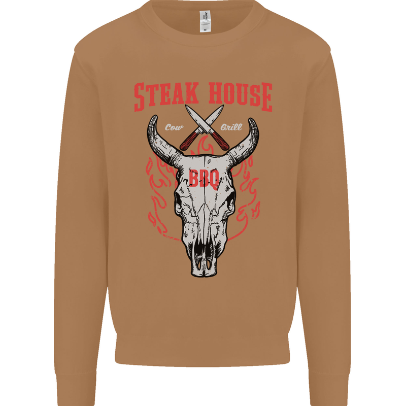 Steak House BBQ Cow Skull Grill Beef Food Mens Sweatshirt Jumper Caramel Latte