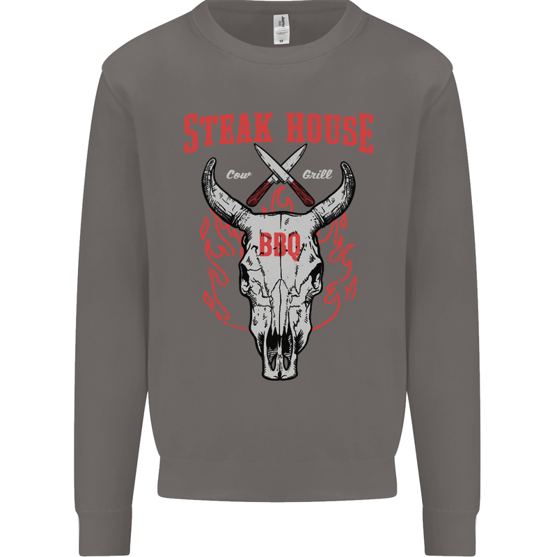 Steak House BBQ Cow Skull Grill Beef Food Mens Sweatshirt Jumper Charcoal