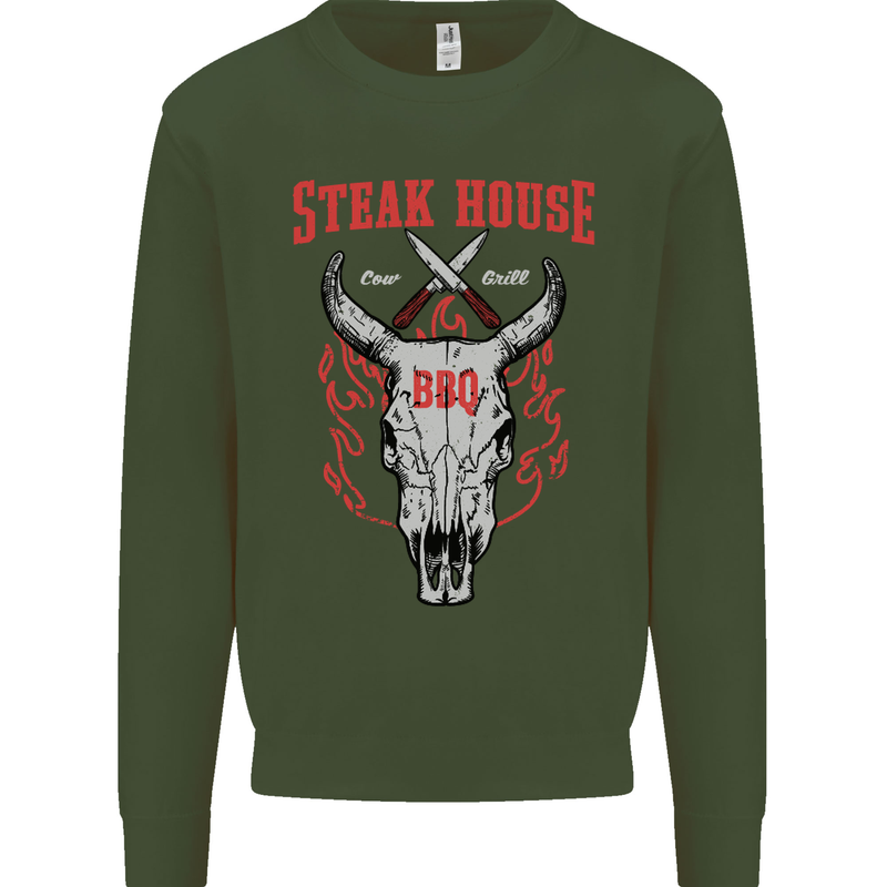 Steak House BBQ Cow Skull Grill Beef Food Mens Sweatshirt Jumper Forest Green