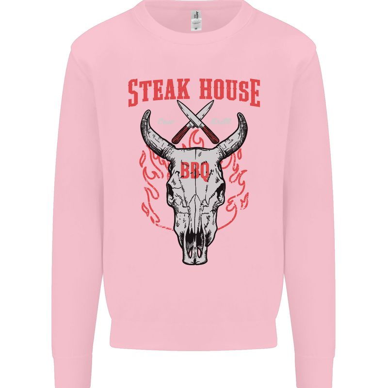 Steak House BBQ Cow Skull Grill Beef Food Mens Sweatshirt Jumper Light Pink