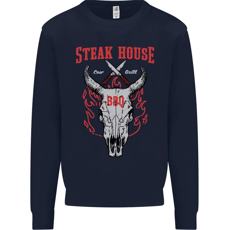Steak House BBQ Cow Skull Grill Beef Food Mens Sweatshirt Jumper Navy Blue