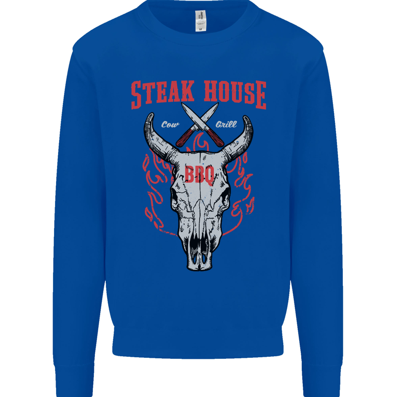 Steak House BBQ Cow Skull Grill Beef Food Mens Sweatshirt Jumper Royal Blue