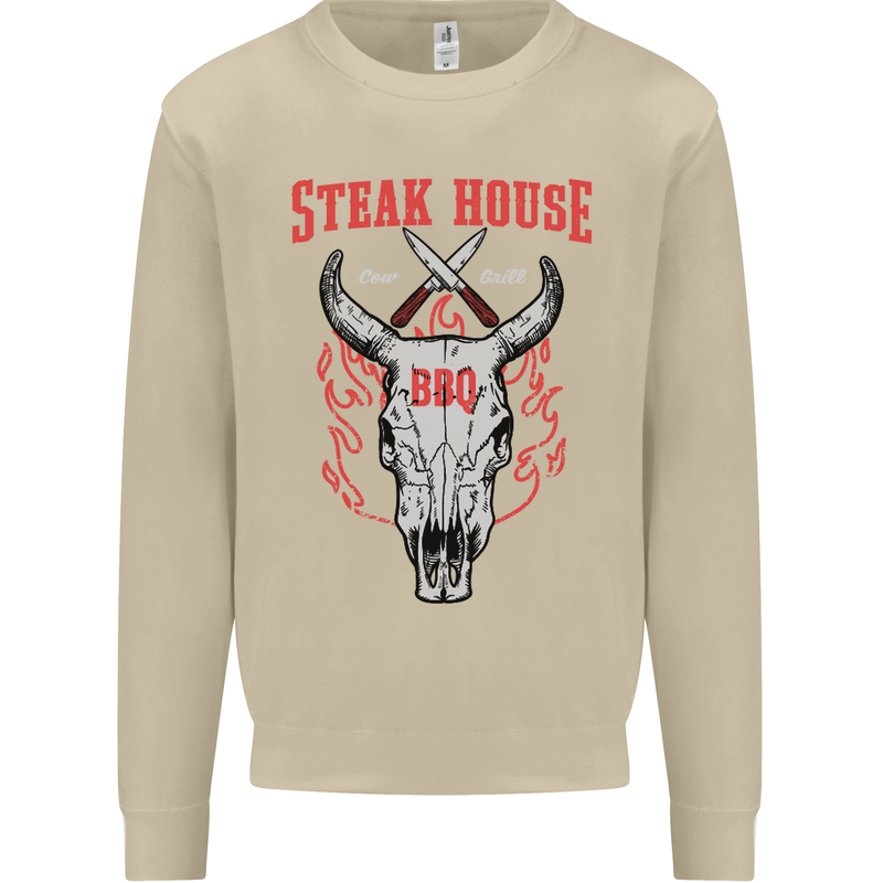 Steak House BBQ Cow Skull Grill Beef Food Mens Sweatshirt Jumper Sand
