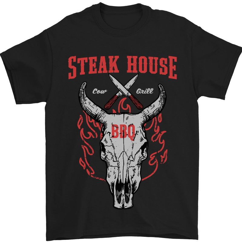 Steak House BBQ Cow Skull Grill Beef Food Mens T-Shirt Cotton Gildan Black