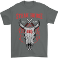 Steak House BBQ Cow Skull Grill Beef Food Mens T-Shirt Cotton Gildan Charcoal