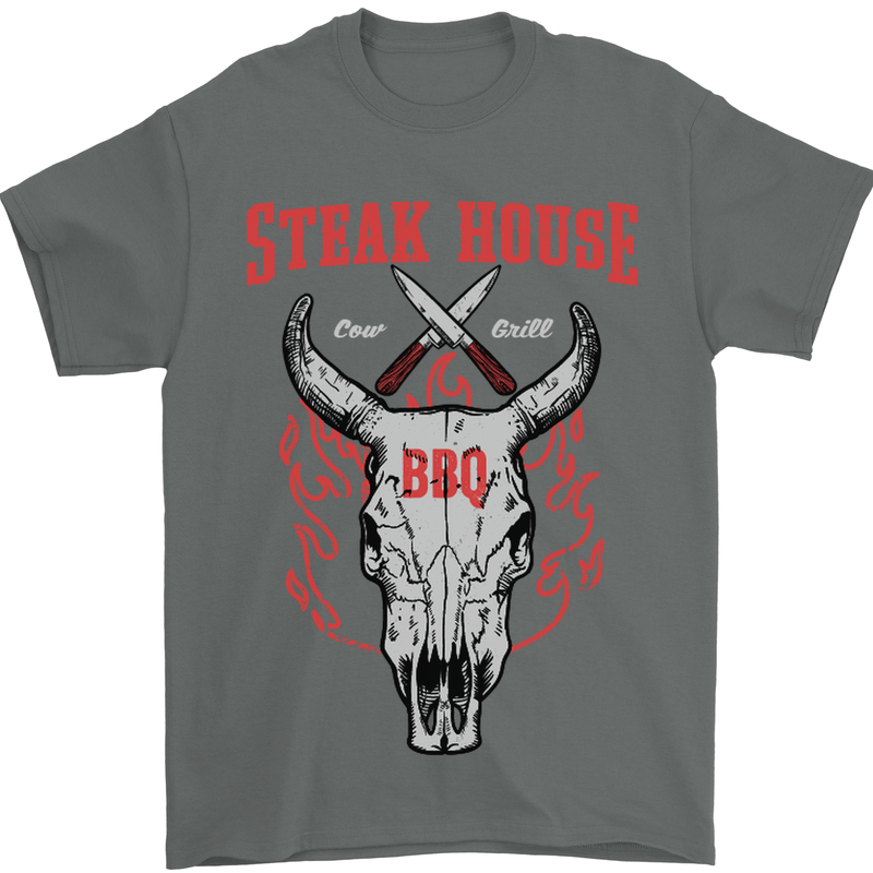 Steak House BBQ Cow Skull Grill Beef Food Mens T-Shirt Cotton Gildan Charcoal