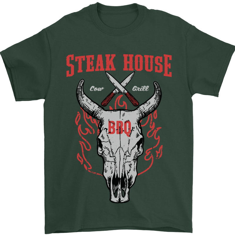 Steak House BBQ Cow Skull Grill Beef Food Mens T-Shirt Cotton Gildan Forest Green