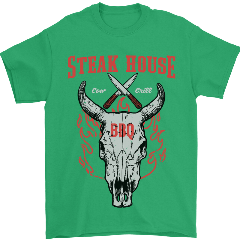 Steak House BBQ Cow Skull Grill Beef Food Mens T-Shirt Cotton Gildan Irish Green