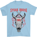 Steak House BBQ Cow Skull Grill Beef Food Mens T-Shirt Cotton Gildan Light Blue