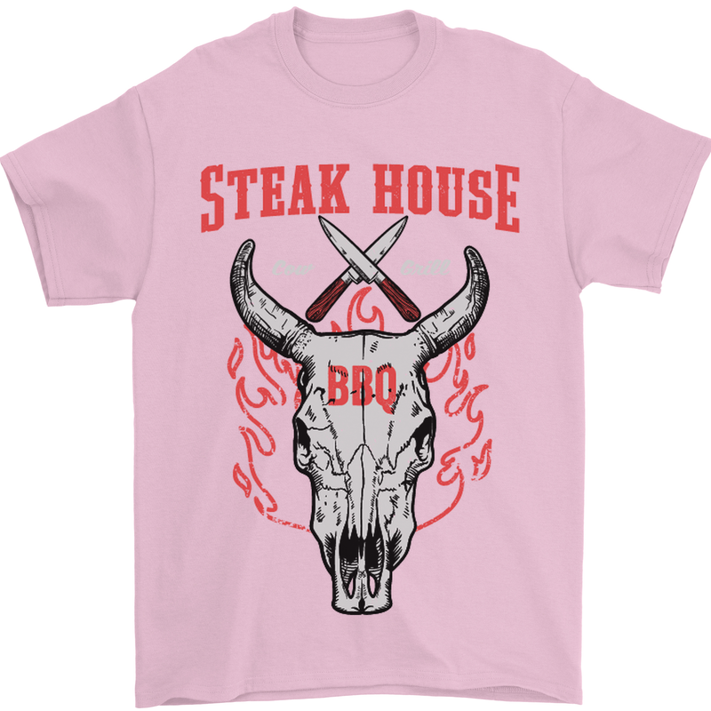 Steak House BBQ Cow Skull Grill Beef Food Mens T-Shirt Cotton Gildan Light Pink