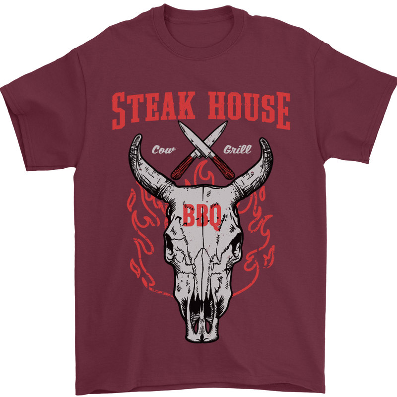 Steak House BBQ Cow Skull Grill Beef Food Mens T-Shirt Cotton Gildan Maroon
