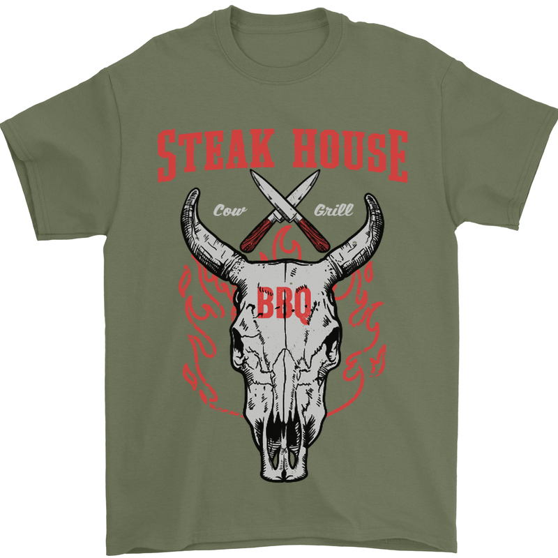 Steak House BBQ Cow Skull Grill Beef Food Mens T-Shirt Cotton Gildan Military Green