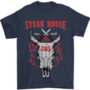 Steak House BBQ Cow Skull Grill Beef Food Mens T-Shirt Cotton Gildan Navy Blue