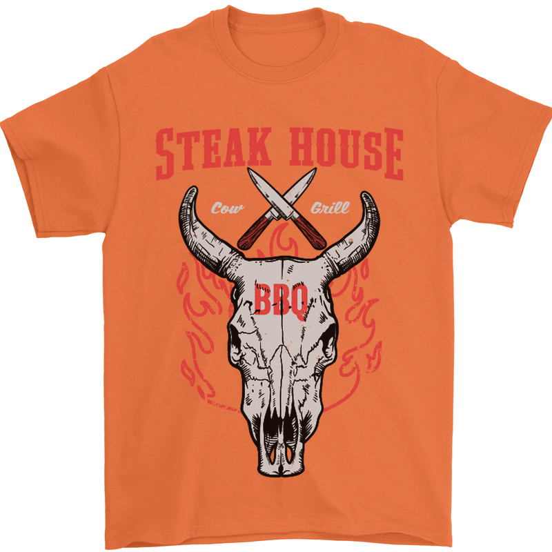 Steak House BBQ Cow Skull Grill Beef Food Mens T-Shirt Cotton Gildan Orange