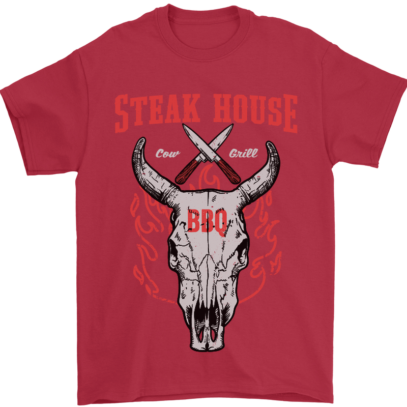 Steak House BBQ Cow Skull Grill Beef Food Mens T-Shirt Cotton Gildan Red