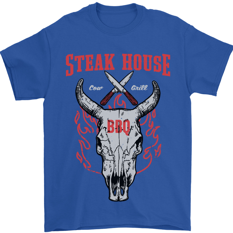 Steak House BBQ Cow Skull Grill Beef Food Mens T-Shirt Cotton Gildan Royal Blue