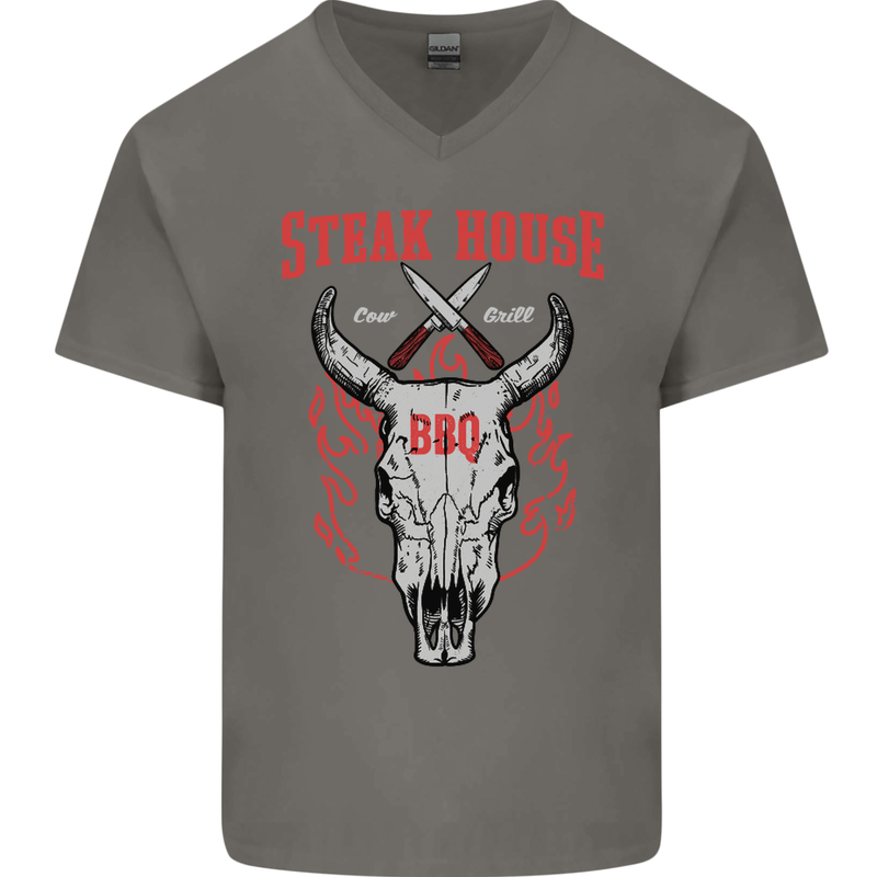 Steak House BBQ Cow Skull Grill Beef Food Mens V-Neck Cotton T-Shirt Charcoal