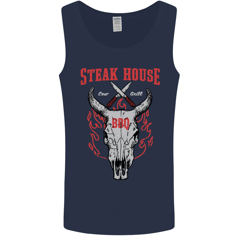 Steak House BBQ Cow Skull Grill Beef Food Mens Vest Tank Top Navy Blue