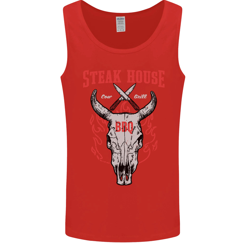Steak House BBQ Cow Skull Grill Beef Food Mens Vest Tank Top Red