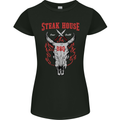 Steak House BBQ Cow Skull Grill Beef Food Womens Petite Cut T-Shirt Black