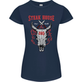 Steak House BBQ Cow Skull Grill Beef Food Womens Petite Cut T-Shirt Navy Blue