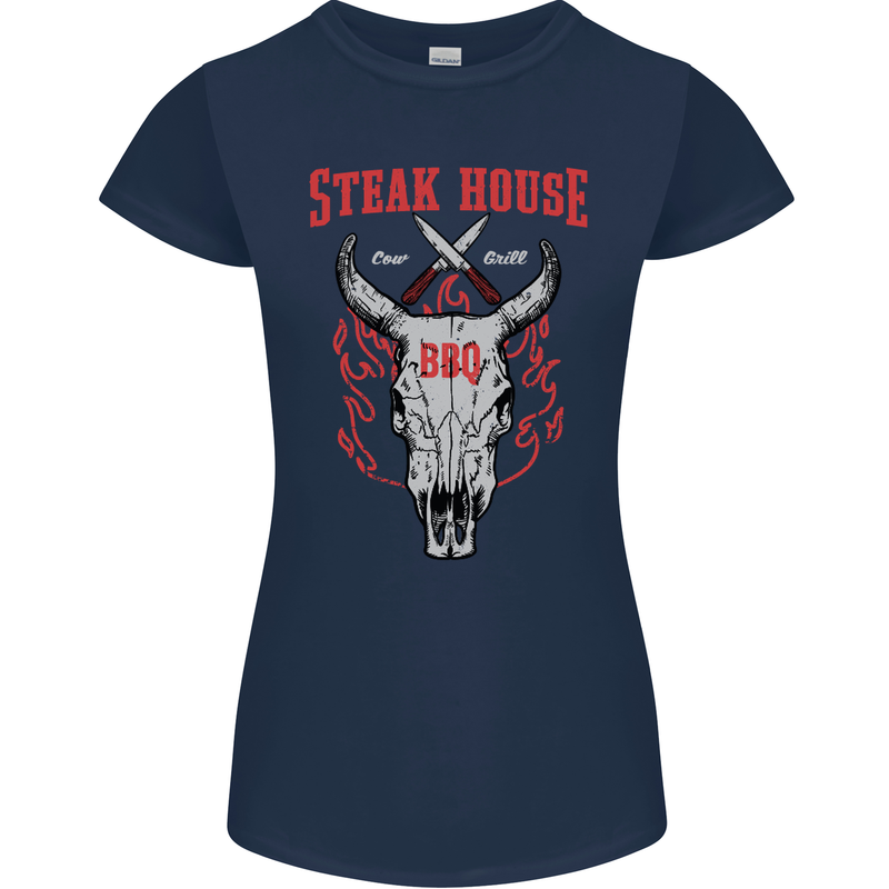 Steak House BBQ Cow Skull Grill Beef Food Womens Petite Cut T-Shirt Navy Blue