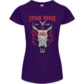 Steak House BBQ Cow Skull Grill Beef Food Womens Petite Cut T-Shirt Purple