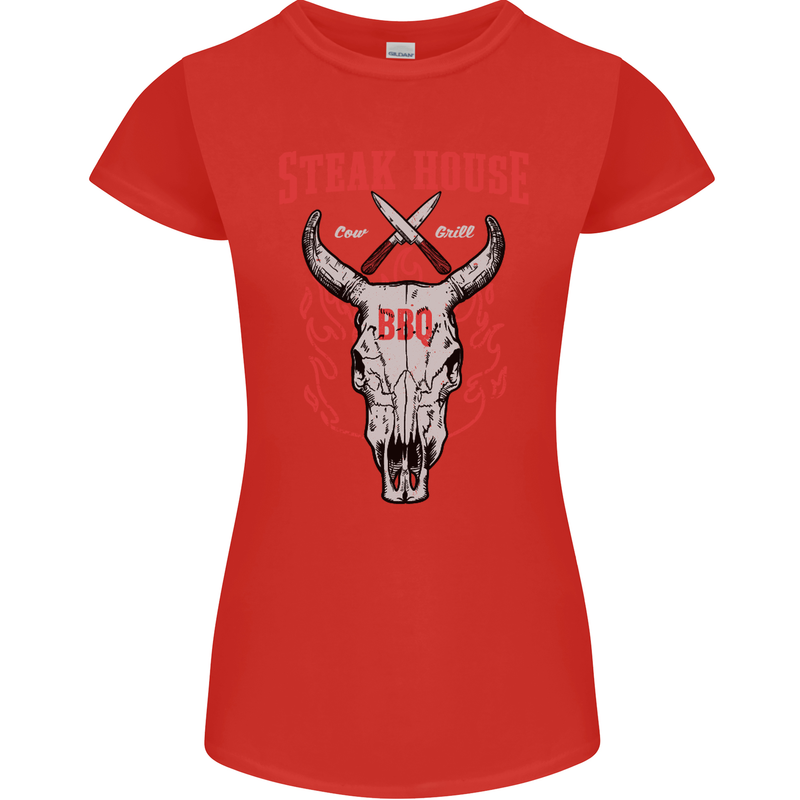 Steak House BBQ Cow Skull Grill Beef Food Womens Petite Cut T-Shirt Red