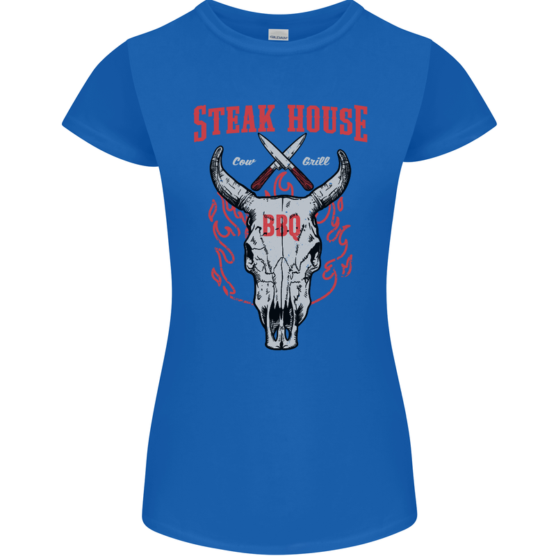 Steak House BBQ Cow Skull Grill Beef Food Womens Petite Cut T-Shirt Royal Blue