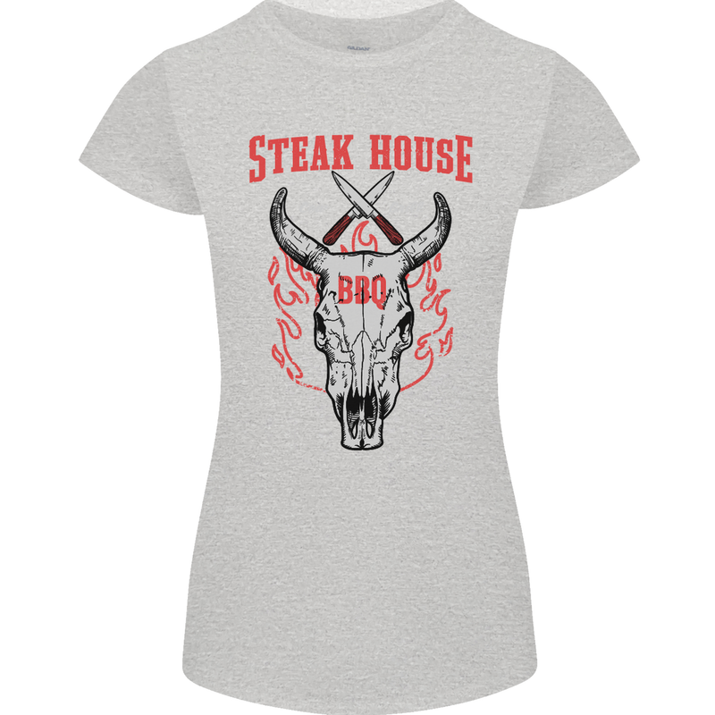 Steak House BBQ Cow Skull Grill Beef Food Womens Petite Cut T-Shirt Sports Grey