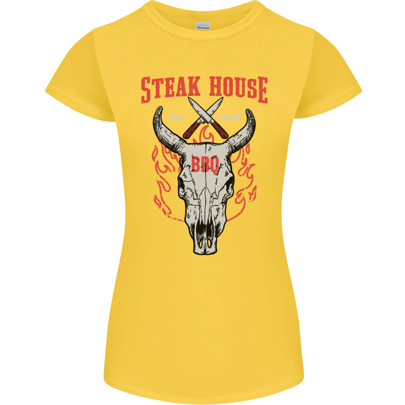 Steak House BBQ Cow Skull Grill Beef Food Womens Petite Cut T-Shirt Yellow