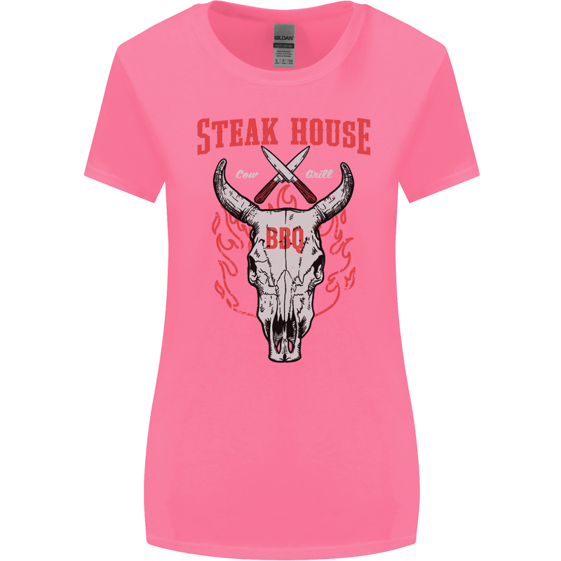 Steak House BBQ Cow Skull Grill Beef Food Womens Wider Cut T-Shirt Azalea