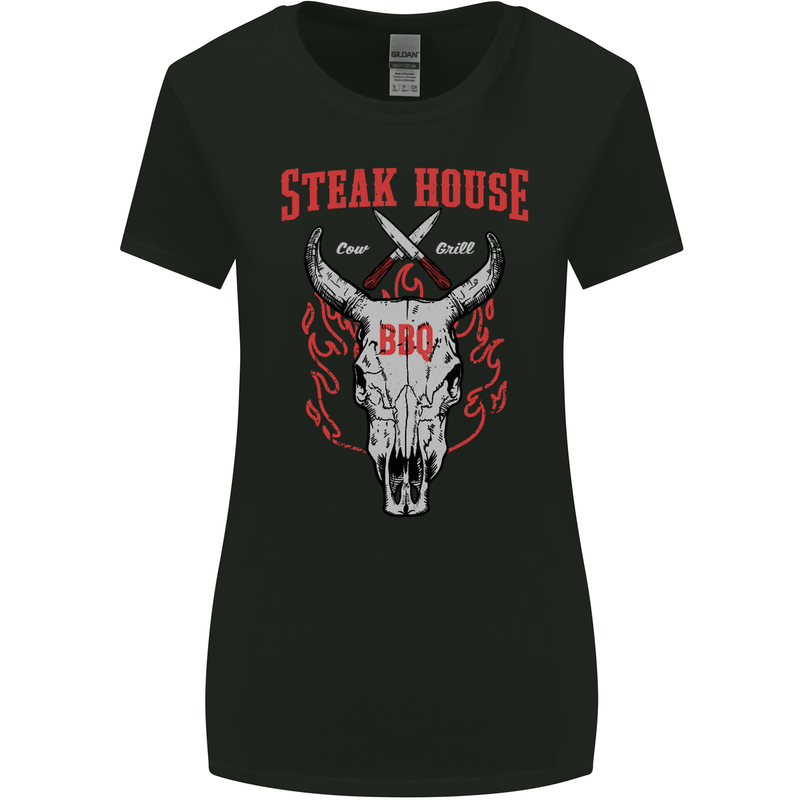 Steak House BBQ Cow Skull Grill Beef Food Womens Wider Cut T-Shirt Black