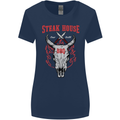 Steak House BBQ Cow Skull Grill Beef Food Womens Wider Cut T-Shirt Navy Blue