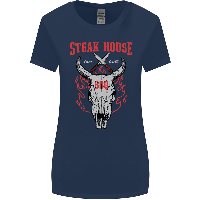 Steak House BBQ Cow Skull Grill Beef Food Womens Wider Cut T-Shirt Navy Blue