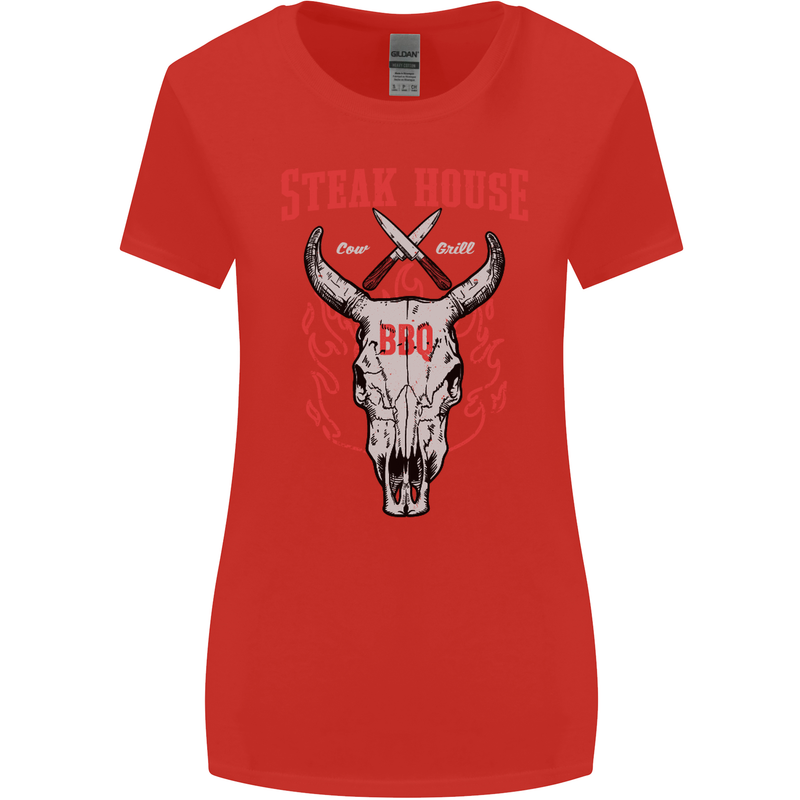 Steak House BBQ Cow Skull Grill Beef Food Womens Wider Cut T-Shirt Red