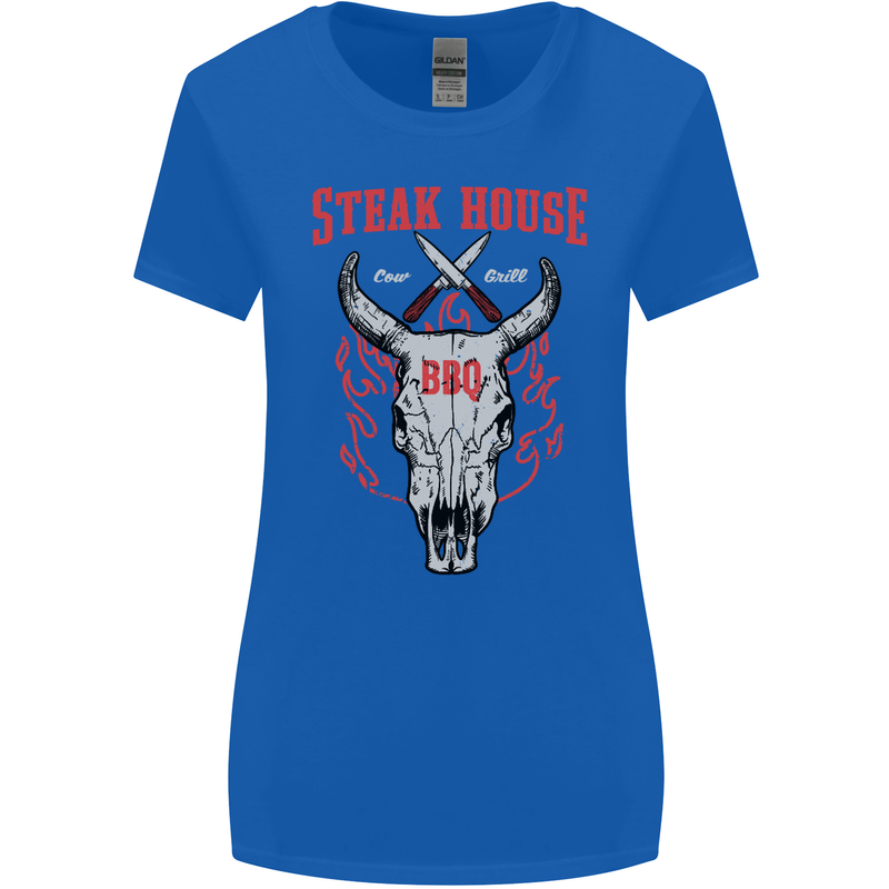 Steak House BBQ Cow Skull Grill Beef Food Womens Wider Cut T-Shirt Royal Blue