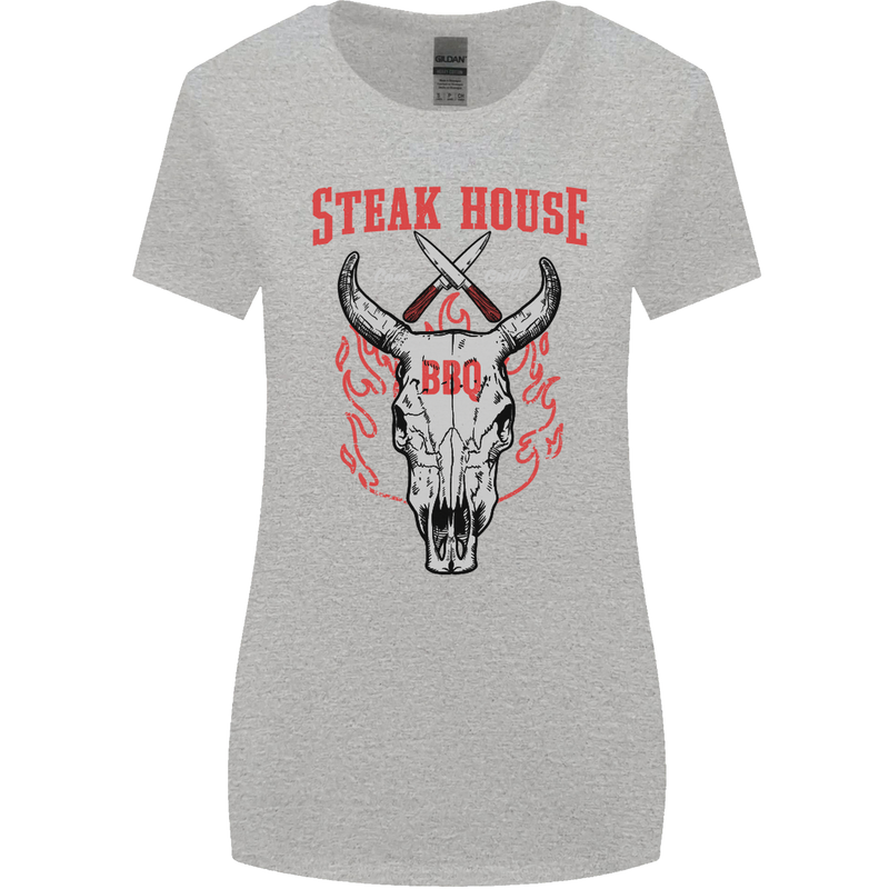 Steak House BBQ Cow Skull Grill Beef Food Womens Wider Cut T-Shirt Sports Grey