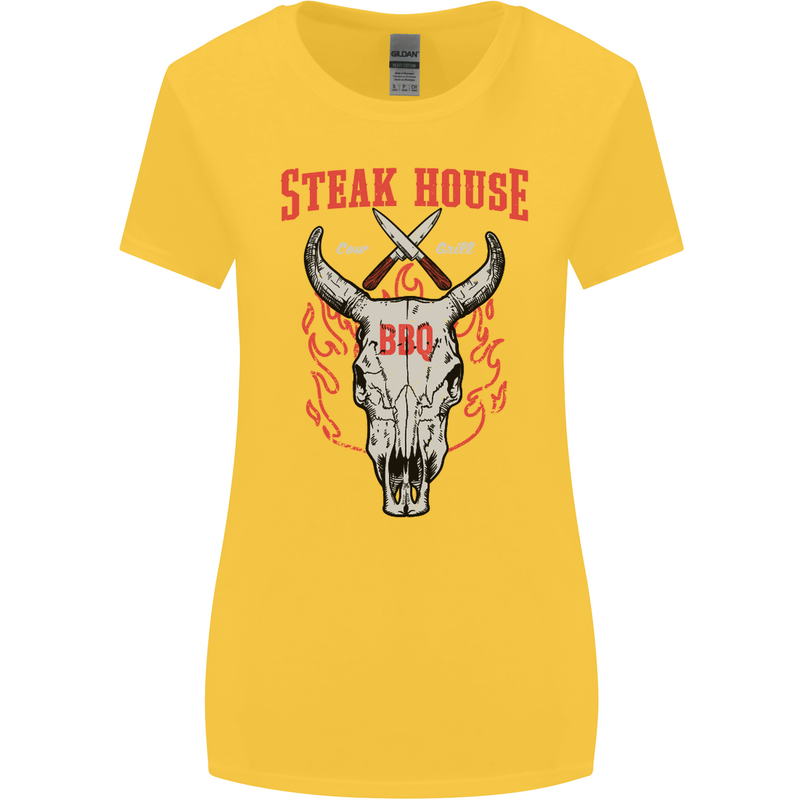 Steak House BBQ Cow Skull Grill Beef Food Womens Wider Cut T-Shirt Yellow