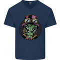 Steampunk Alien Mens V-Neck Cotton T-Shirt Navy Blue