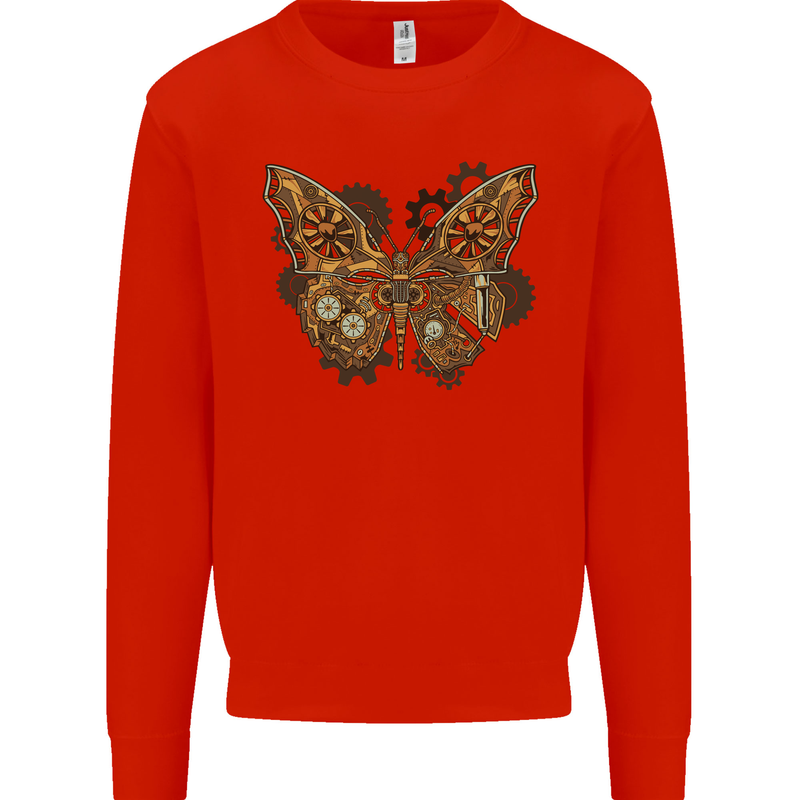 Steampunk Butterfly Butterflies Kids Sweatshirt Jumper Bright Red