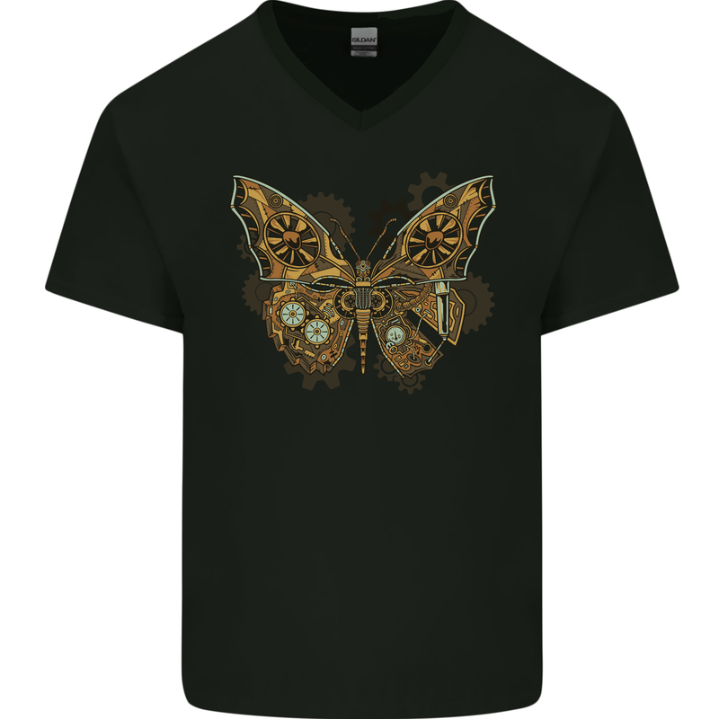 Steampunk Butterfly Butterflies Mens V-Neck Cotton T-Shirt Black
