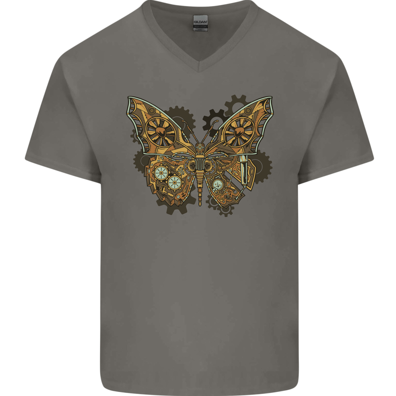 Steampunk Butterfly Butterflies Mens V-Neck Cotton T-Shirt Charcoal