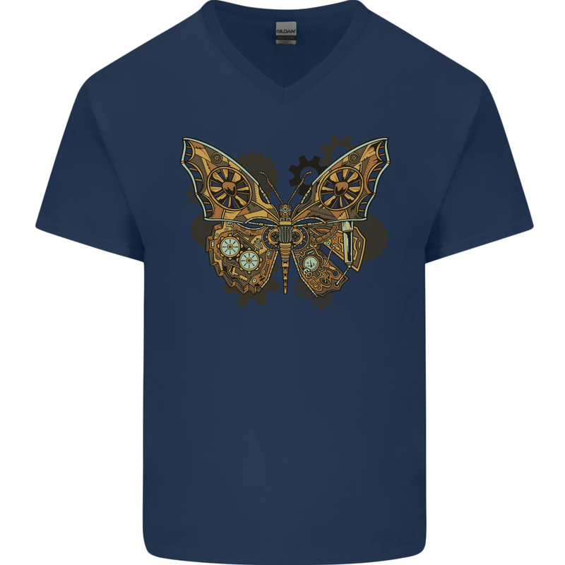 Steampunk Butterfly Butterflies Mens V-Neck Cotton T-Shirt Navy Blue