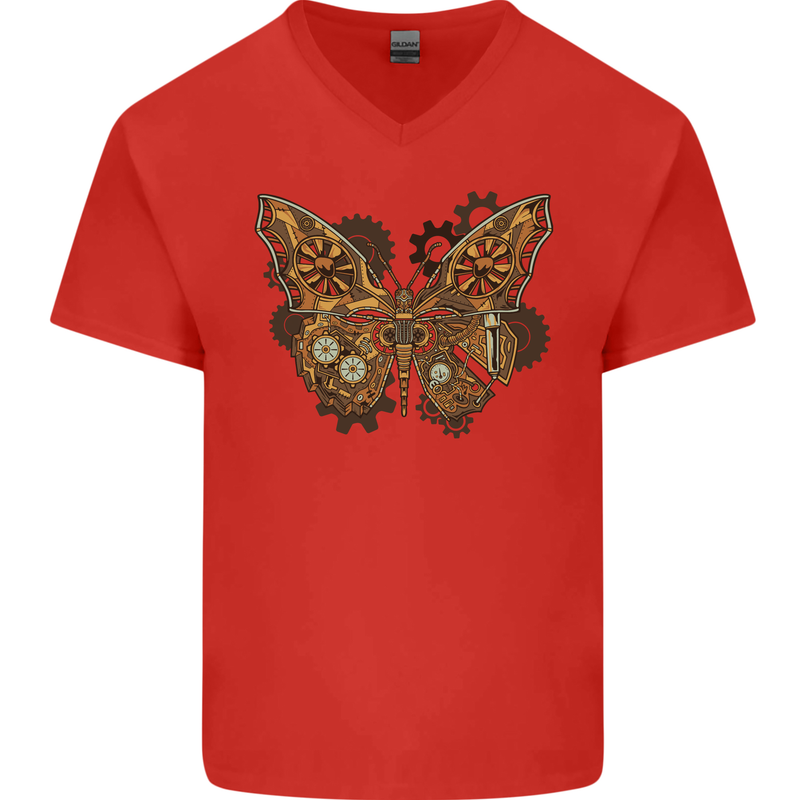 Steampunk Butterfly Butterflies Mens V-Neck Cotton T-Shirt Red